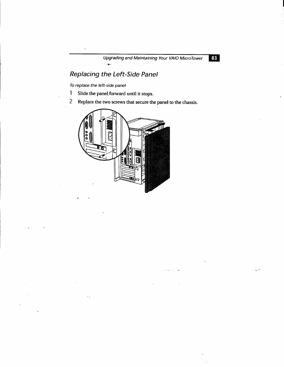 Replacing the left-side panel | Sony PCV-E205 User Manual | Page 91 / 119