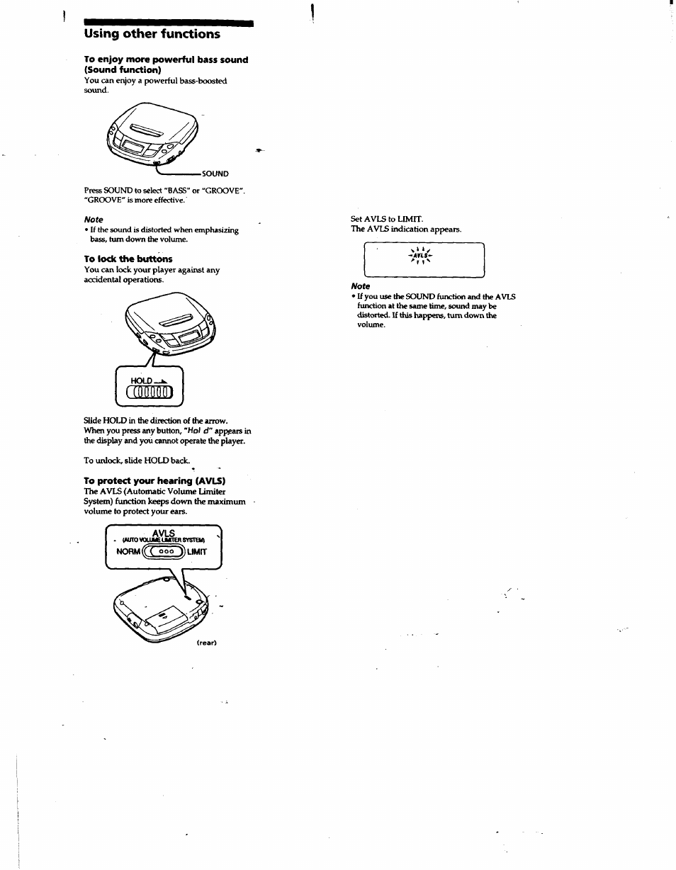 To enjoy more powerful bass sound (sound function), To lock the buttons, To protect your hearing (avls) | Using other functions | Sony D-F181 User Manual | Page 8 / 11