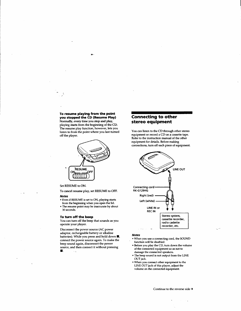 To turn off the beep, Connecting to other stereo equipment | Sony D-F181 User Manual | Page 9 / 11