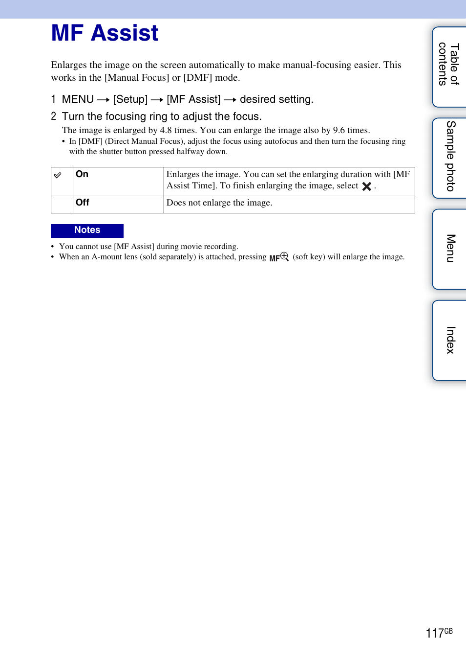 Mf assist | Sony NEX-3N User Manual | Page 117 / 198