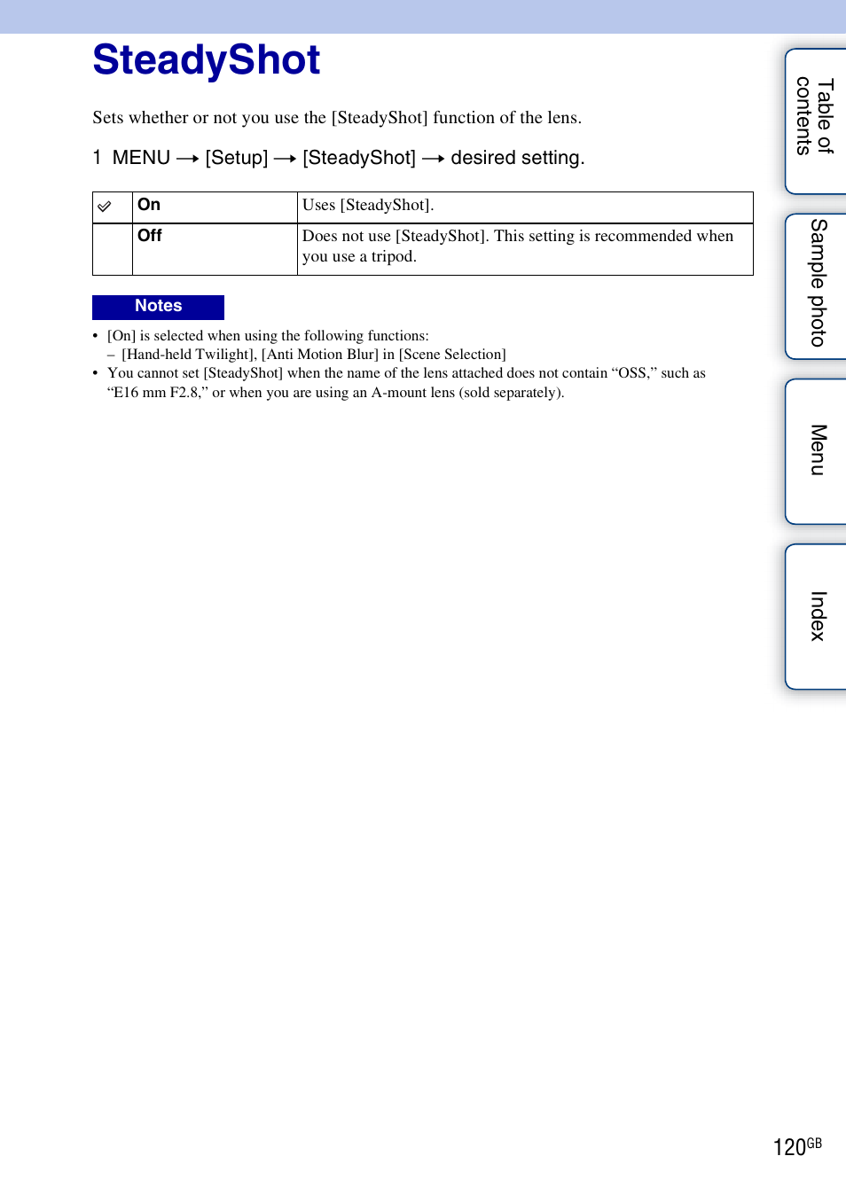 Steadyshot | Sony NEX-3N User Manual | Page 120 / 198