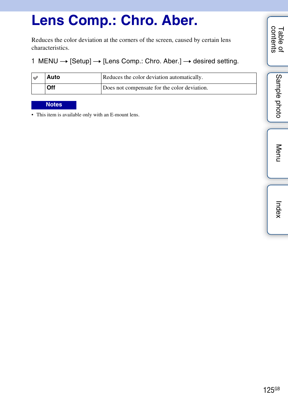 Lens comp.: chro. aber | Sony NEX-3N User Manual | Page 125 / 198