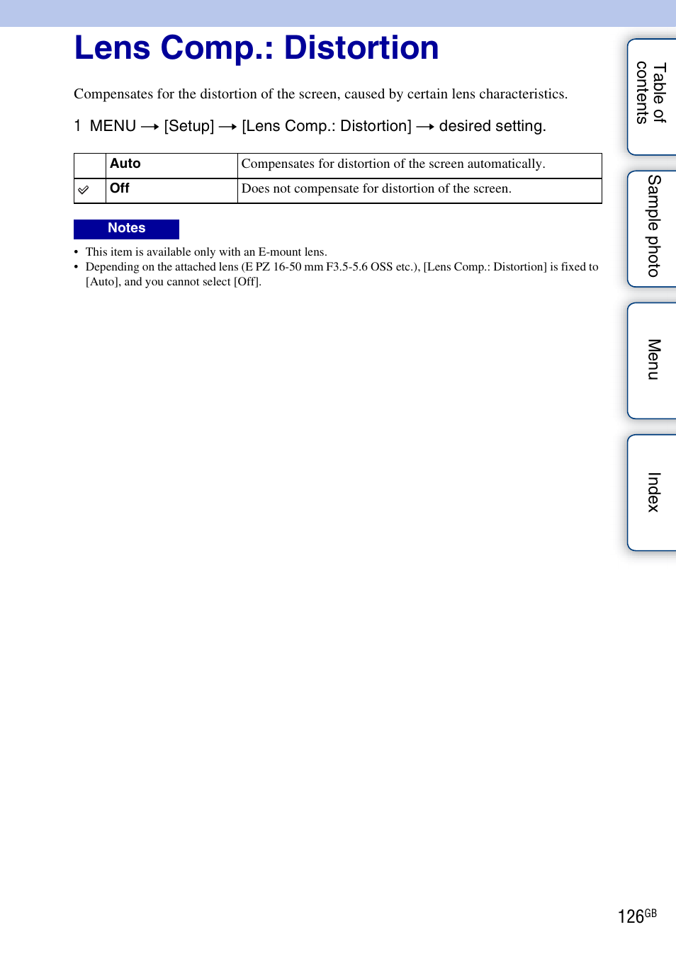 Lens comp.: distortion | Sony NEX-3N User Manual | Page 126 / 198