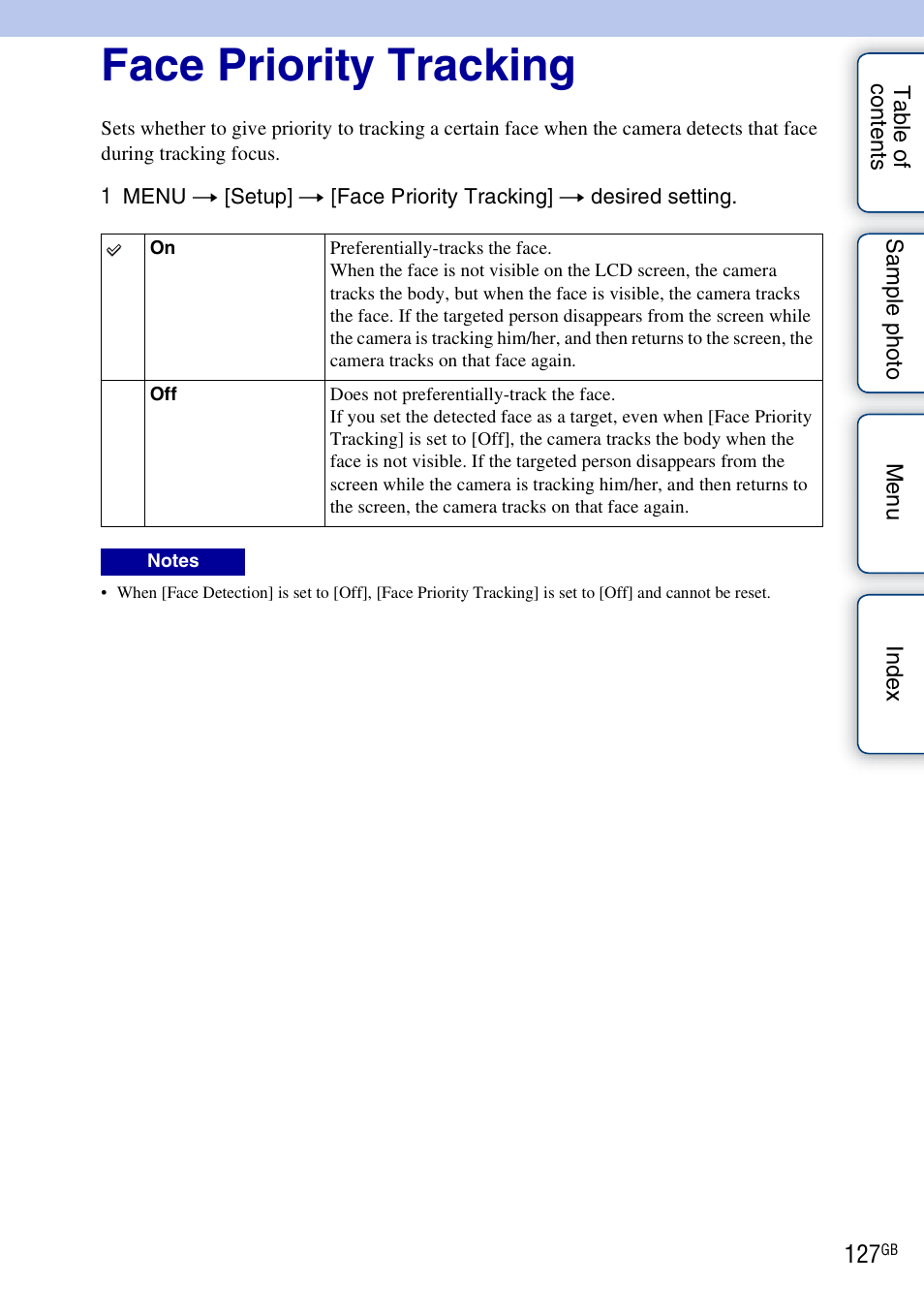 Face priority tracking | Sony NEX-3N User Manual | Page 127 / 198