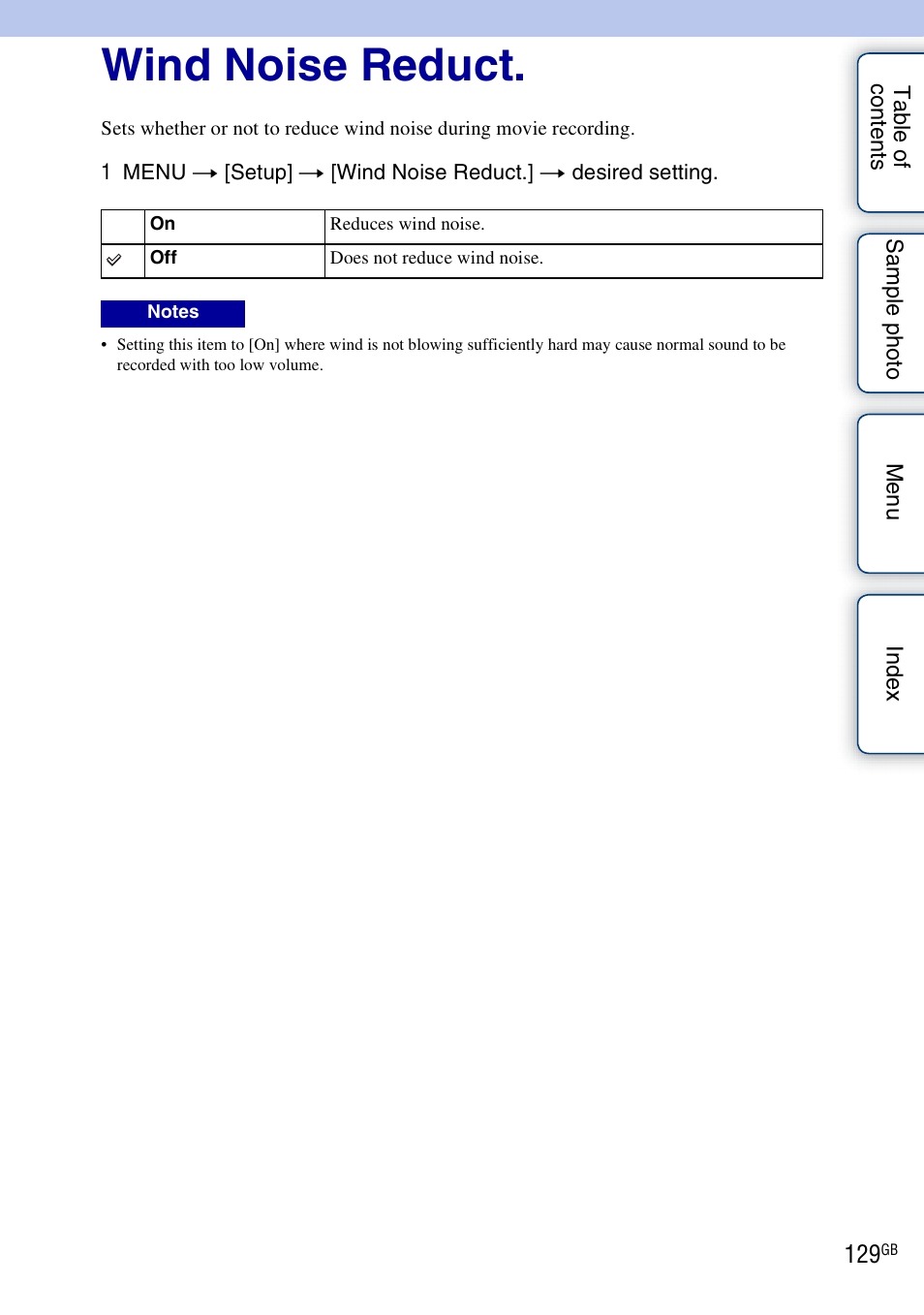 Wind noise reduct | Sony NEX-3N User Manual | Page 129 / 198