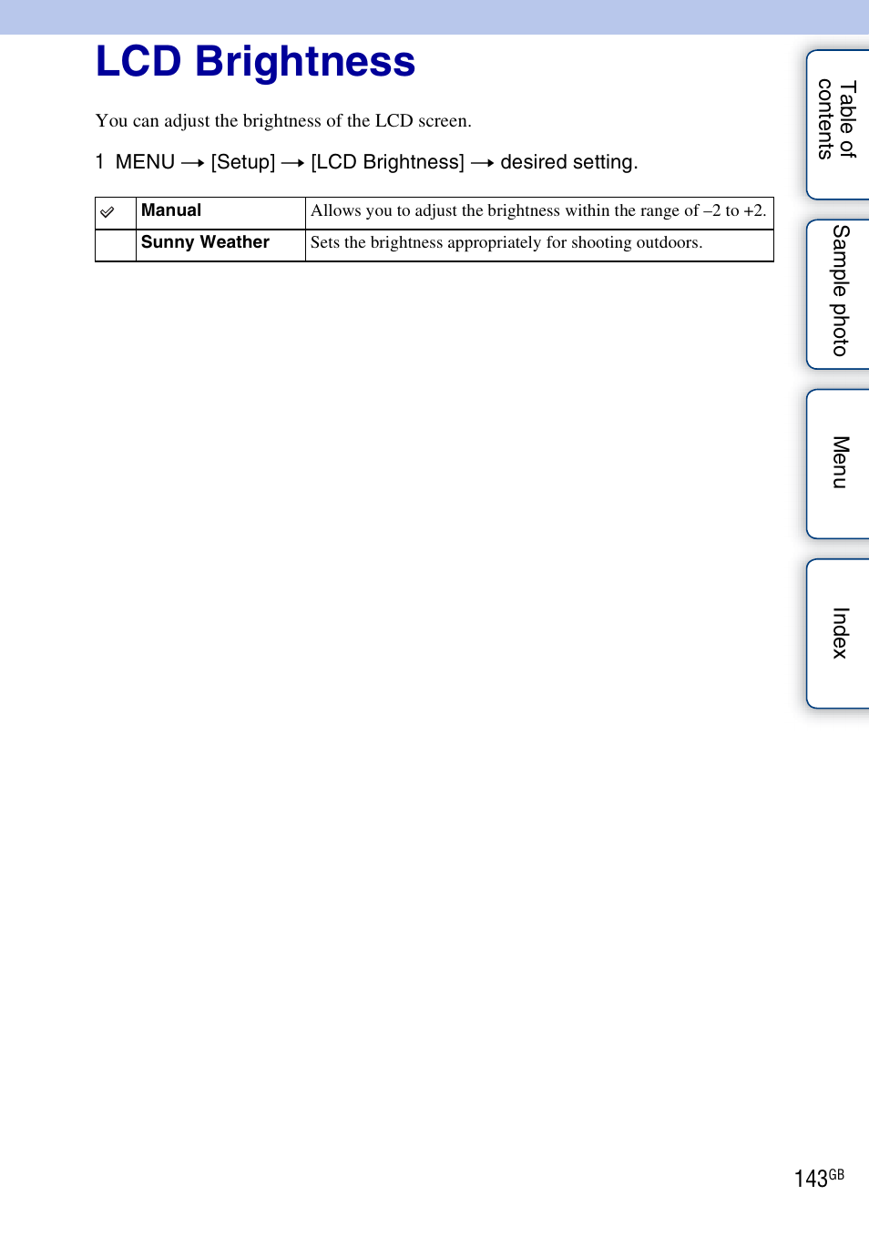 Lcd brightness | Sony NEX-3N User Manual | Page 143 / 198