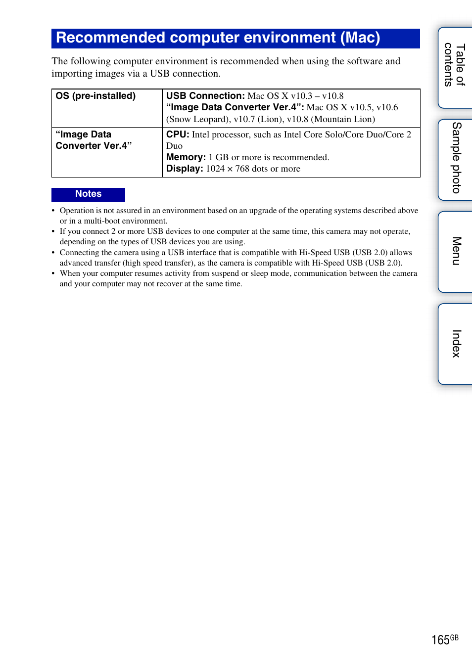 Recommended computer environment (mac) | Sony NEX-3N User Manual | Page 165 / 198