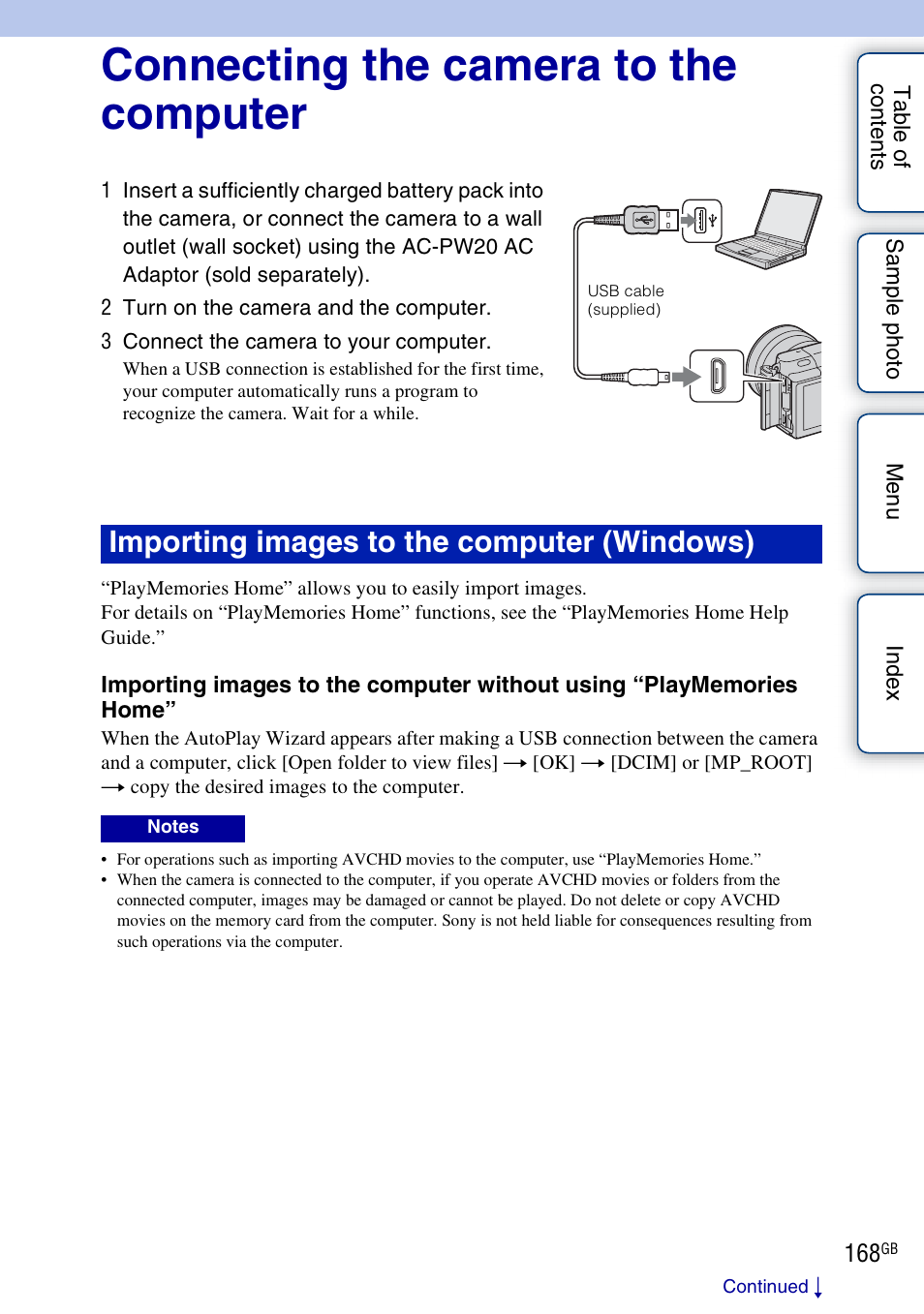 Connecting the camera to the computer, Importing images to the computer (windows) | Sony NEX-3N User Manual | Page 168 / 198