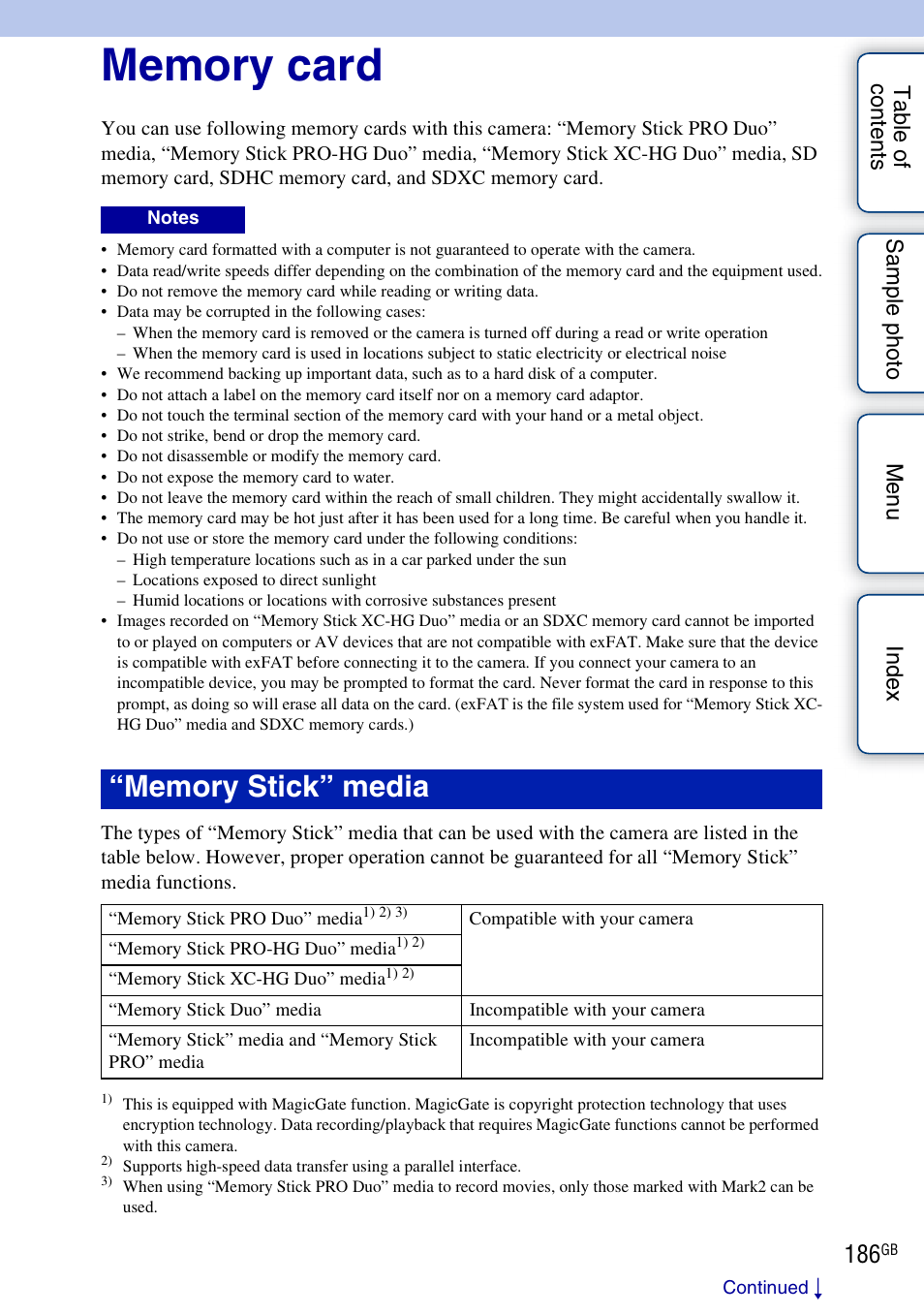 Memory card | Sony NEX-3N User Manual | Page 186 / 198