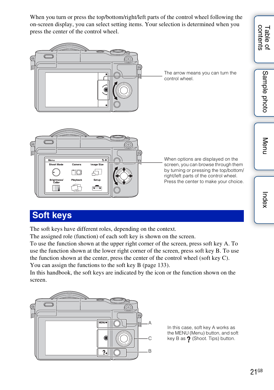 Soft keys | Sony NEX-3N User Manual | Page 21 / 198