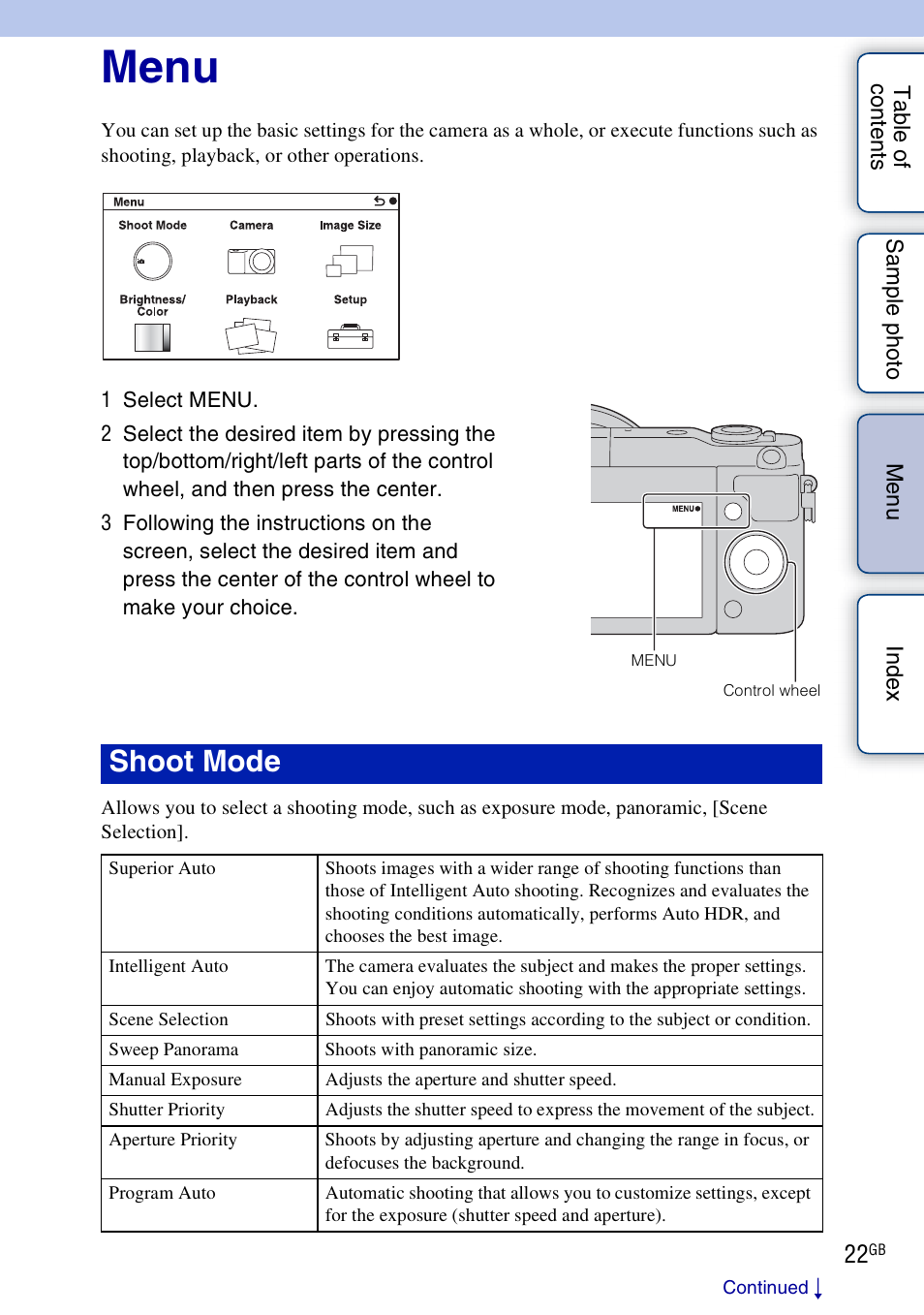 Menu, Using functions in the menu, Shoot mode | Sony NEX-3N User Manual | Page 22 / 198