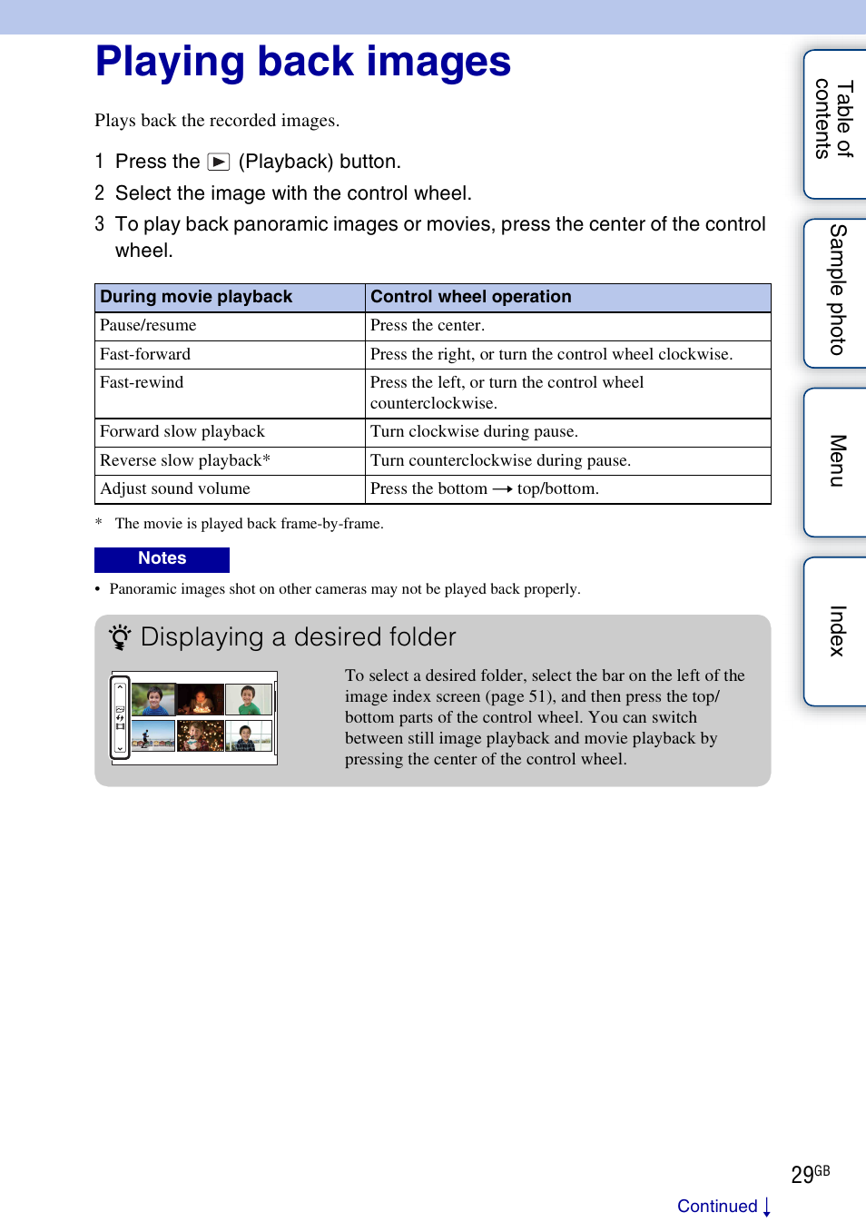 Playing back images, On (29), Displaying a desired folder | Sony NEX-3N User Manual | Page 29 / 198