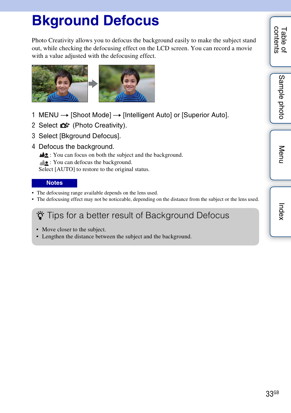 Bkground defocus, Ay (33), Ound (33) | Tips for a better result of background defocus | Sony NEX-3N User Manual | Page 33 / 198