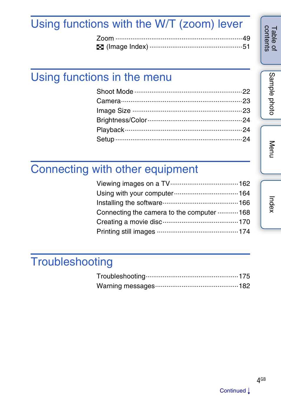 Using functions with the w/t (zoom) lever, Using functions in the menu, Connecting with other equipment | Troubleshooting | Sony NEX-3N User Manual | Page 4 / 198