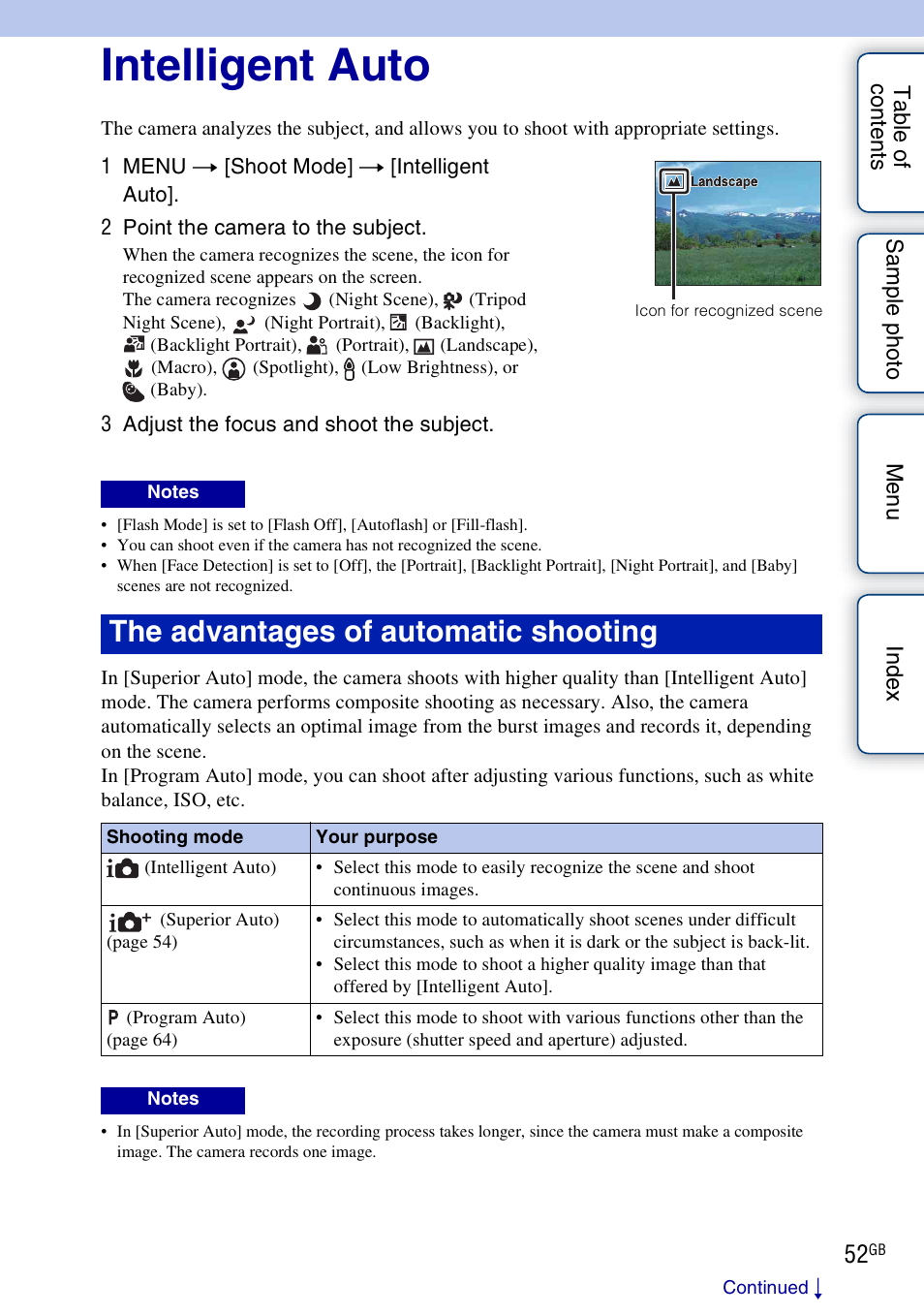 Intelligent auto, The advantages of automatic shooting | Sony NEX-3N User Manual | Page 52 / 198