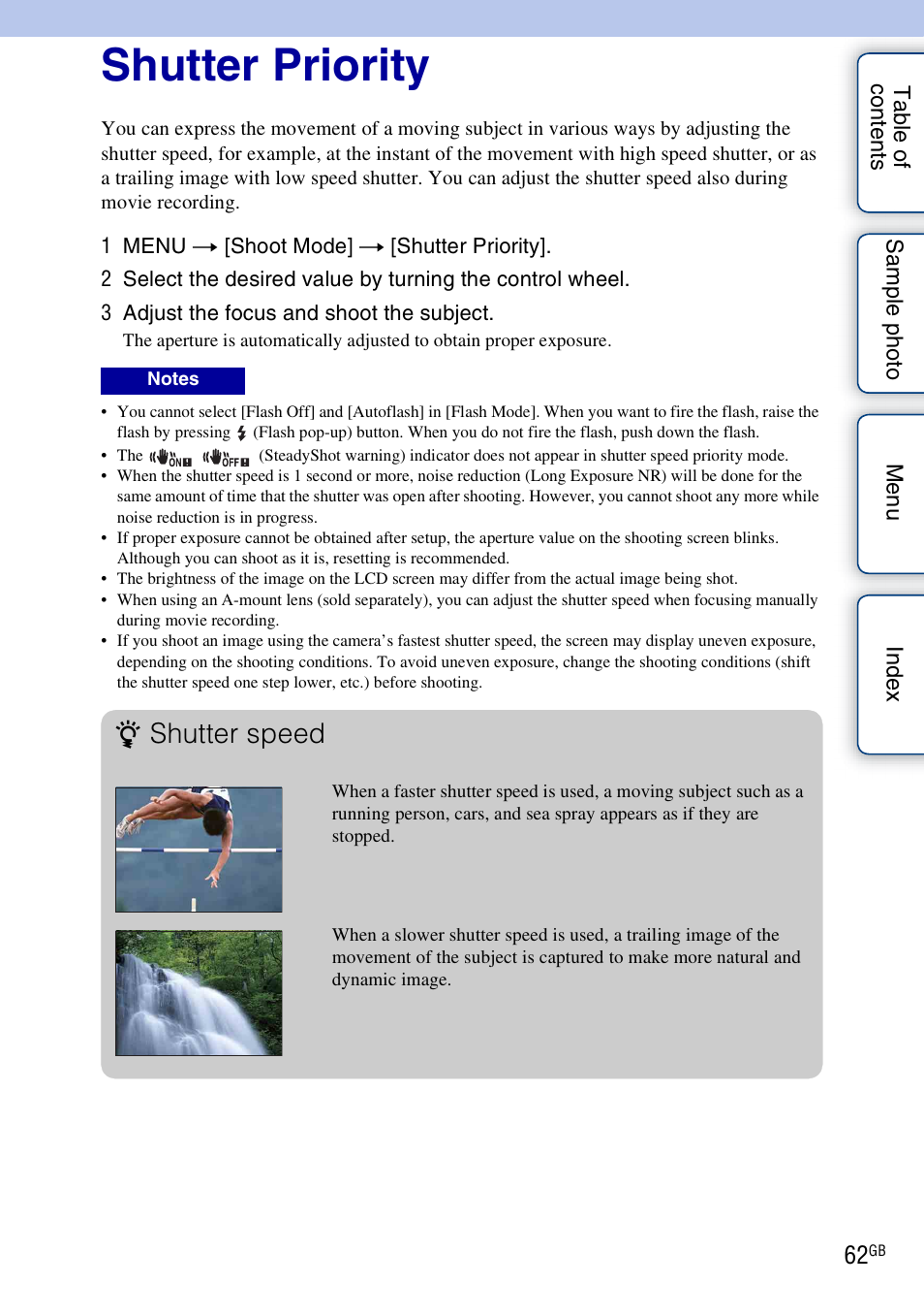 Shutter priority, Shutter speed | Sony NEX-3N User Manual | Page 62 / 198