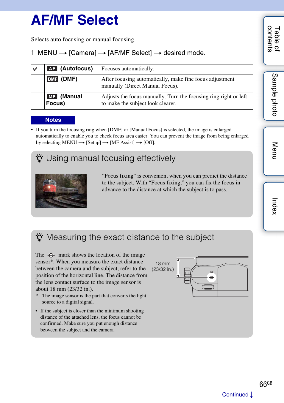 Af/mf select, Y (66), Rk (66) | Using manual focusing effectively, Measuring the exact distance to the subject | Sony NEX-3N User Manual | Page 66 / 198