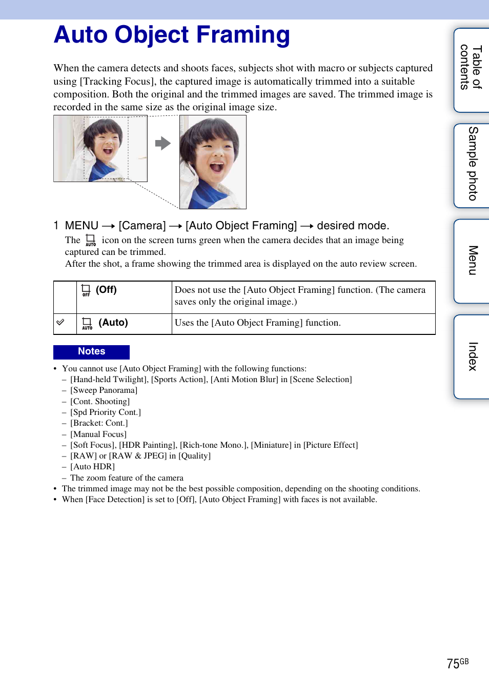 Auto object framing | Sony NEX-3N User Manual | Page 75 / 198