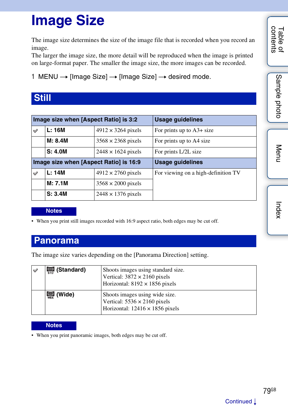 Image size, Still, Panorama | Sony NEX-3N User Manual | Page 79 / 198