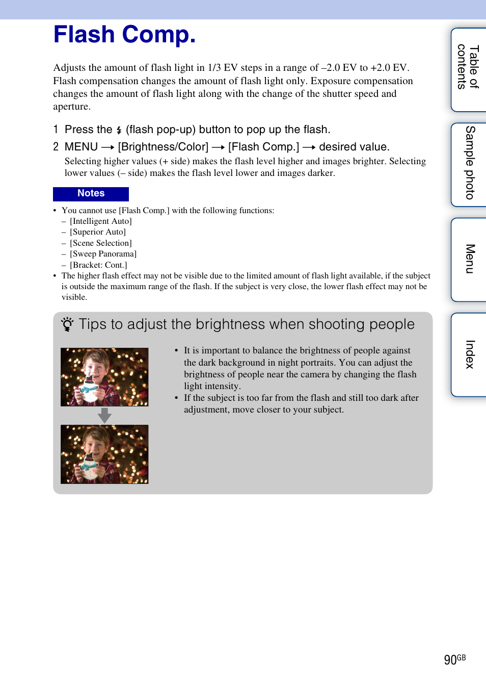 Flash comp, Tips to adjust the brightness when shooting people | Sony NEX-3N User Manual | Page 90 / 198