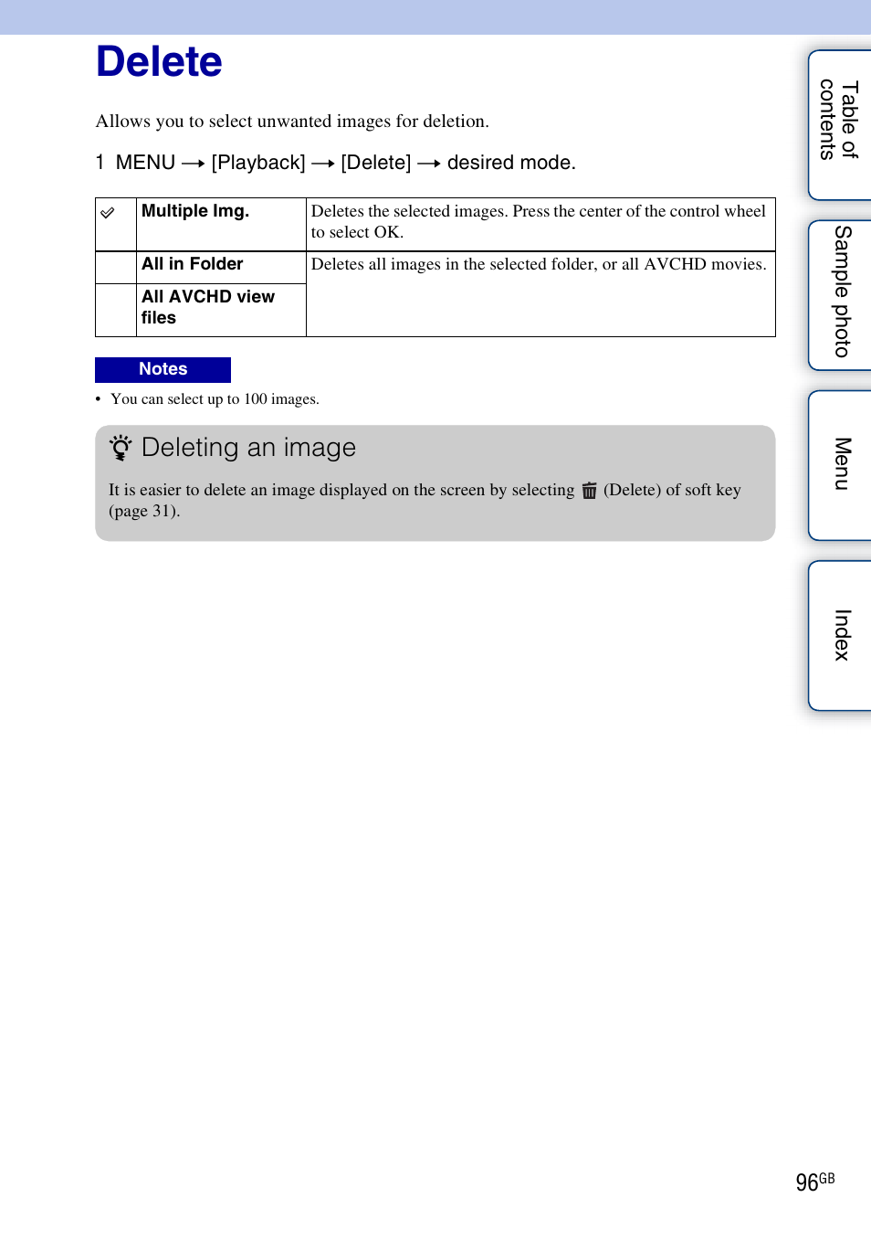 Delete, Deleting an image | Sony NEX-3N User Manual | Page 96 / 198