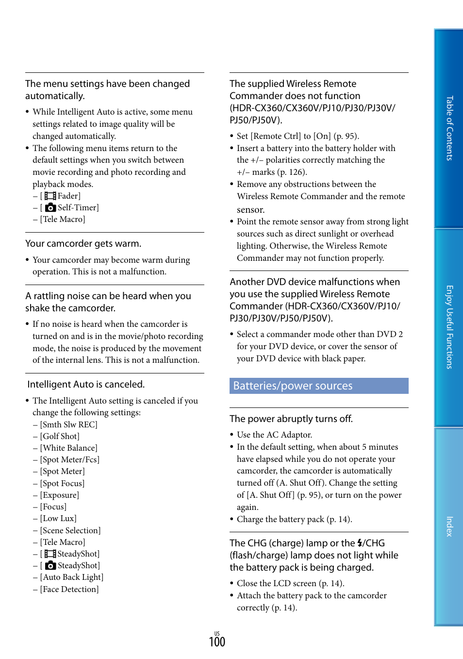 Batteries/power sources | Sony HDR-XR160 User Manual | Page 100 / 129