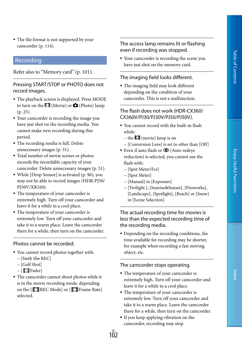 Recording | Sony HDR-XR160 User Manual | Page 102 / 129