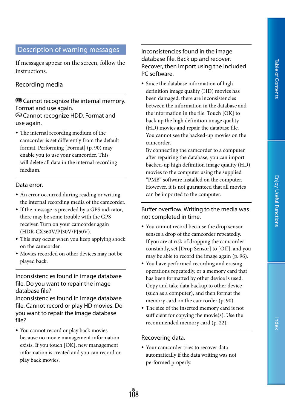 Description of warning messages, Recording media | Sony HDR-XR160 User Manual | Page 108 / 129