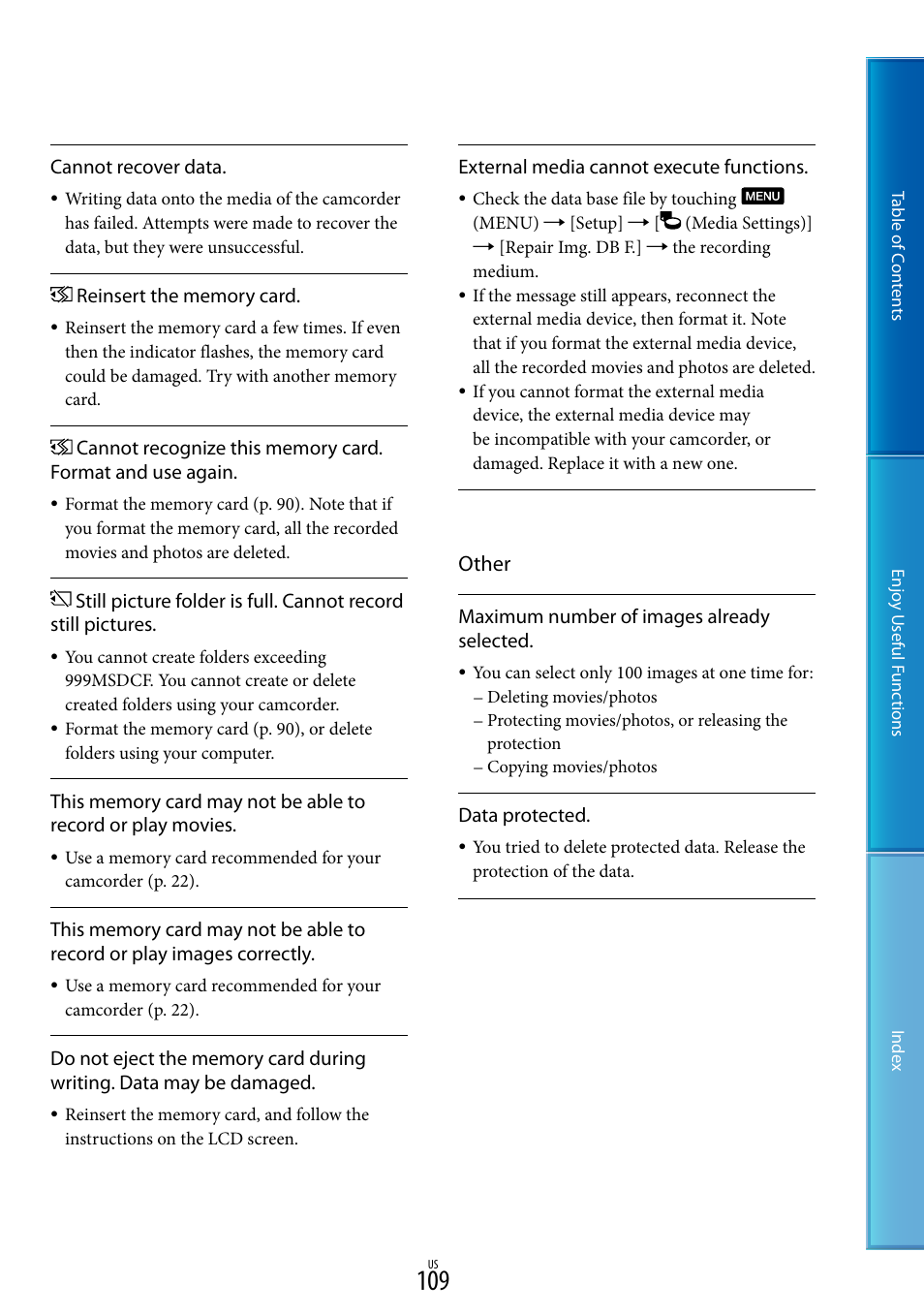 O 109), and, Other | Sony HDR-XR160 User Manual | Page 109 / 129