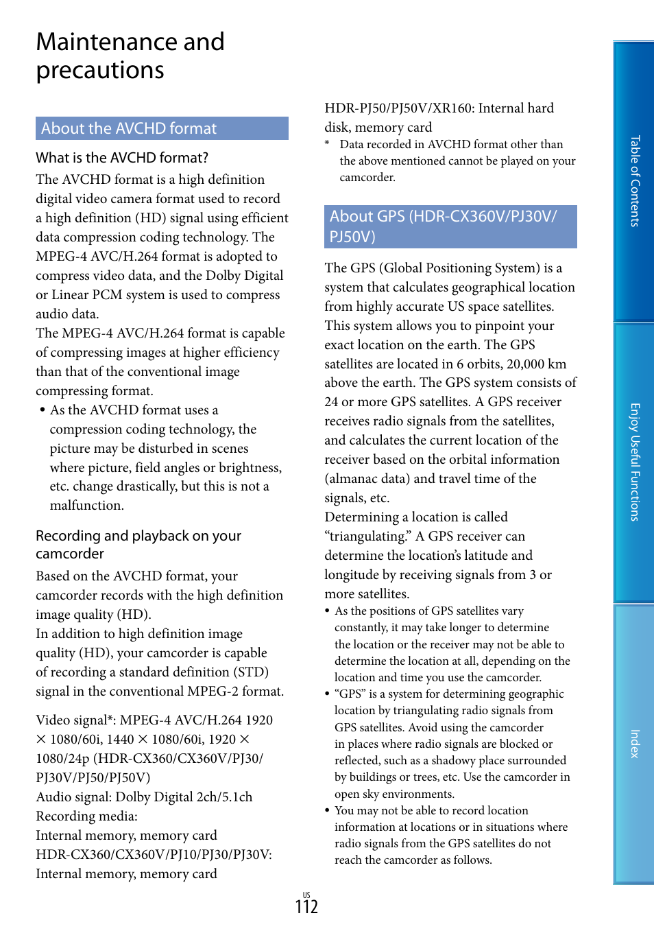 Maintenance and precautions, About the avchd format, About gps (hdr-cx360v/pj30v/pj50v) | Sony HDR-XR160 User Manual | Page 112 / 129