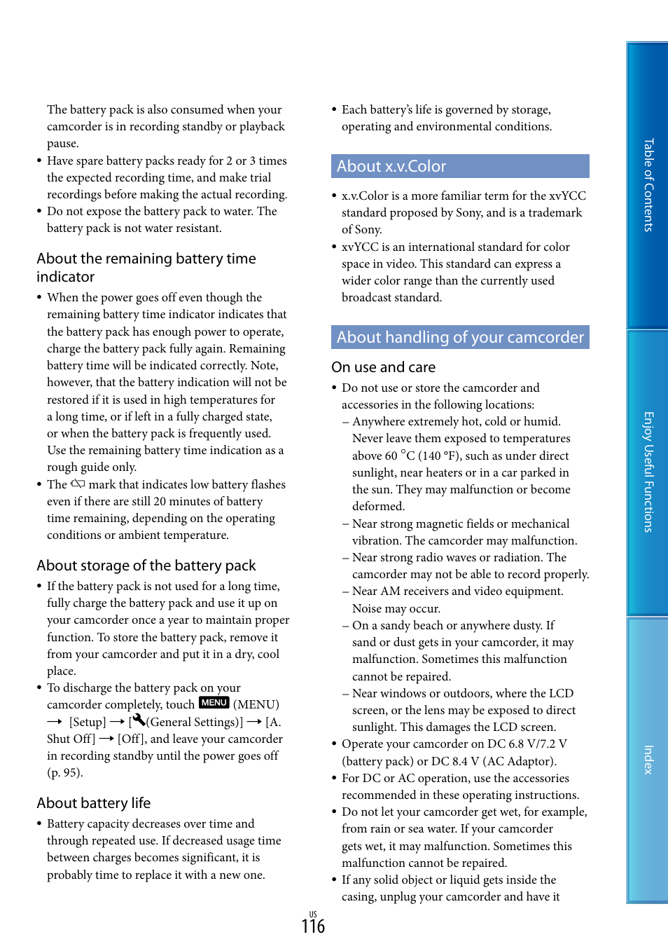 About x.v.color, About handling of your camcorder, About x.v.color about handling of your camcorder | About the remaining battery time indicator, About storage of the battery pack, About battery life, On use and care | Sony HDR-XR160 User Manual | Page 116 / 129
