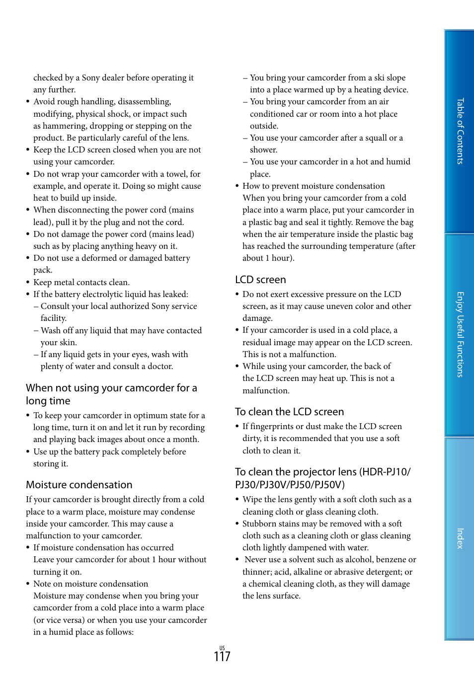 When not using your camcorder for a long time, Moisture condensation, Lcd screen | Sony HDR-XR160 User Manual | Page 117 / 129