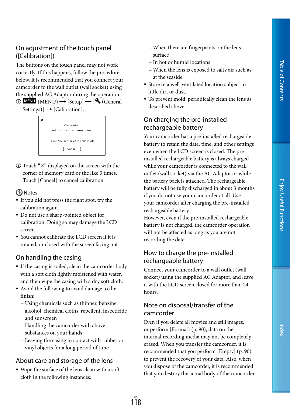 On adjustment of the touch panel ([calibration]), On handling the casing, About care and storage of the lens | On charging the pre-installed rechargeable battery | Sony HDR-XR160 User Manual | Page 118 / 129