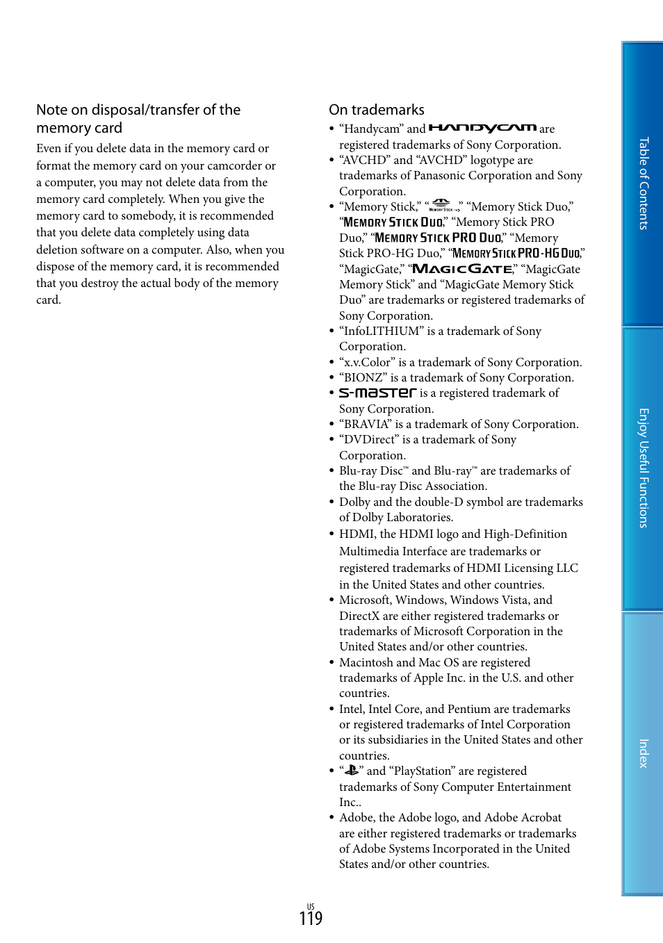 On trademarks | Sony HDR-XR160 User Manual | Page 119 / 129