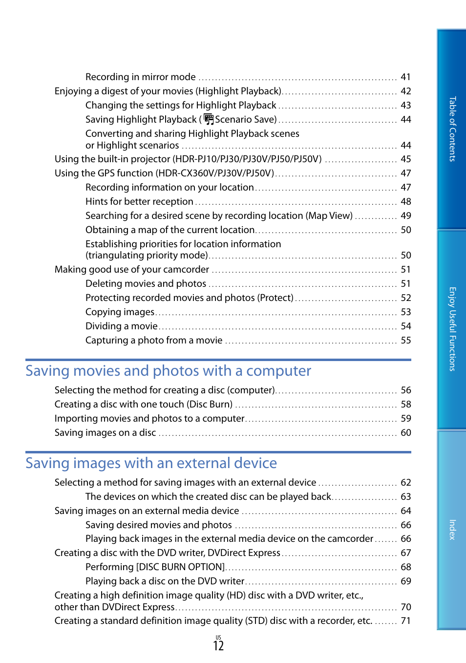 Saving movies and photos with a computer, Saving images with an external device | Sony HDR-XR160 User Manual | Page 12 / 129