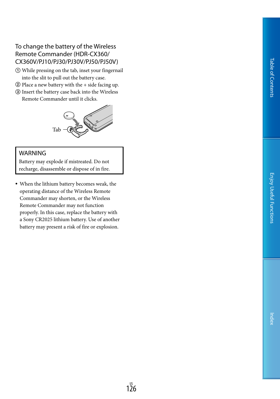 Warning | Sony HDR-XR160 User Manual | Page 126 / 129