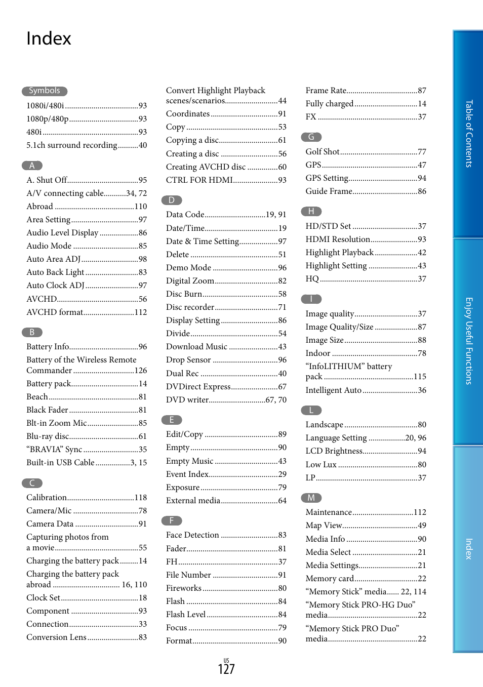 Index | Sony HDR-XR160 User Manual | Page 127 / 129