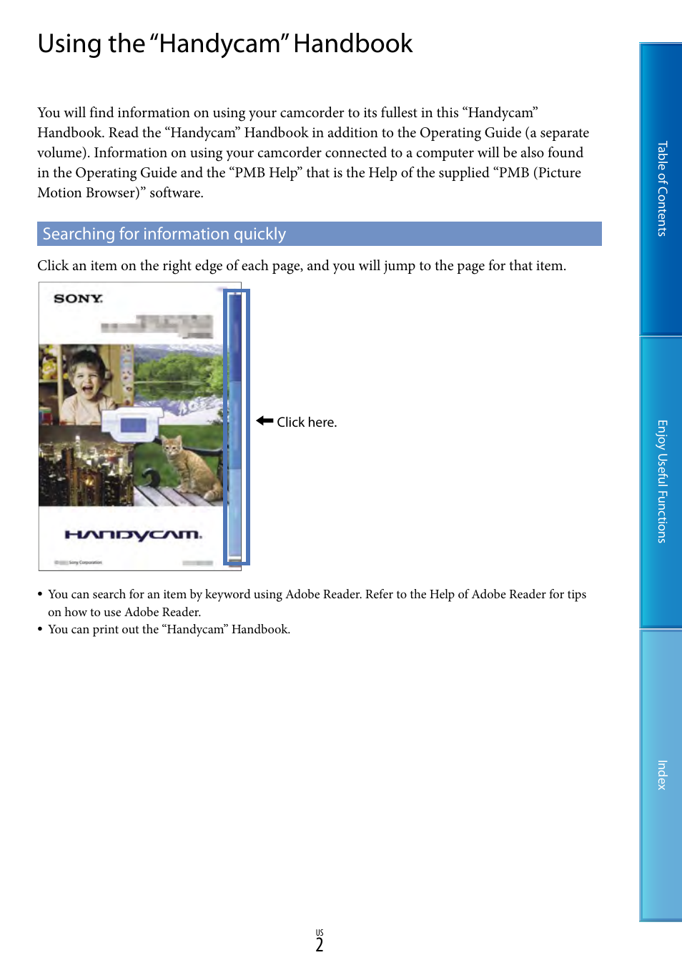 Using the “handycam” handbook, Searching for information quickly | Sony HDR-XR160 User Manual | Page 2 / 129