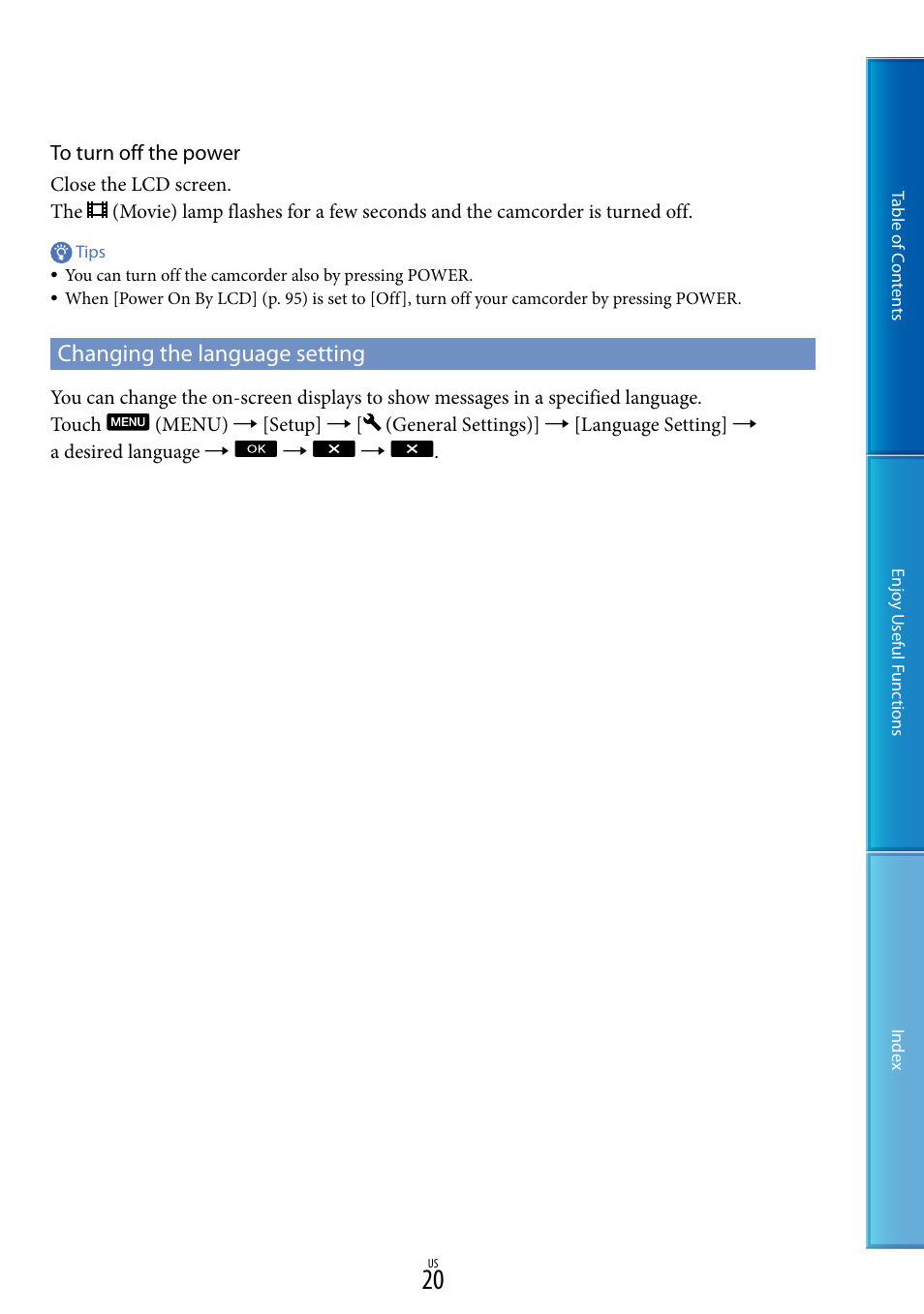 Changing the language setting | Sony HDR-XR160 User Manual | Page 20 / 129