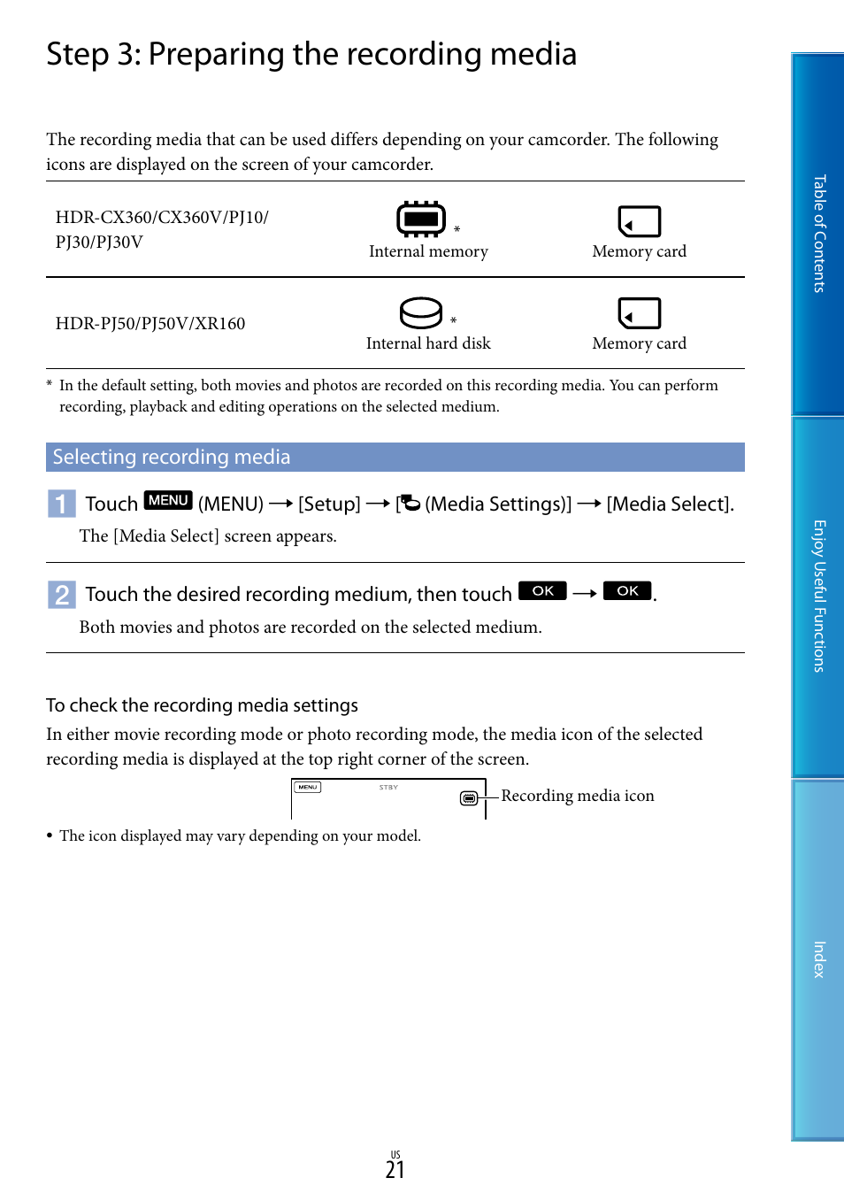 Step 3: preparing the recording media, Selecting recording media, G (21) | Sony HDR-XR160 User Manual | Page 21 / 129