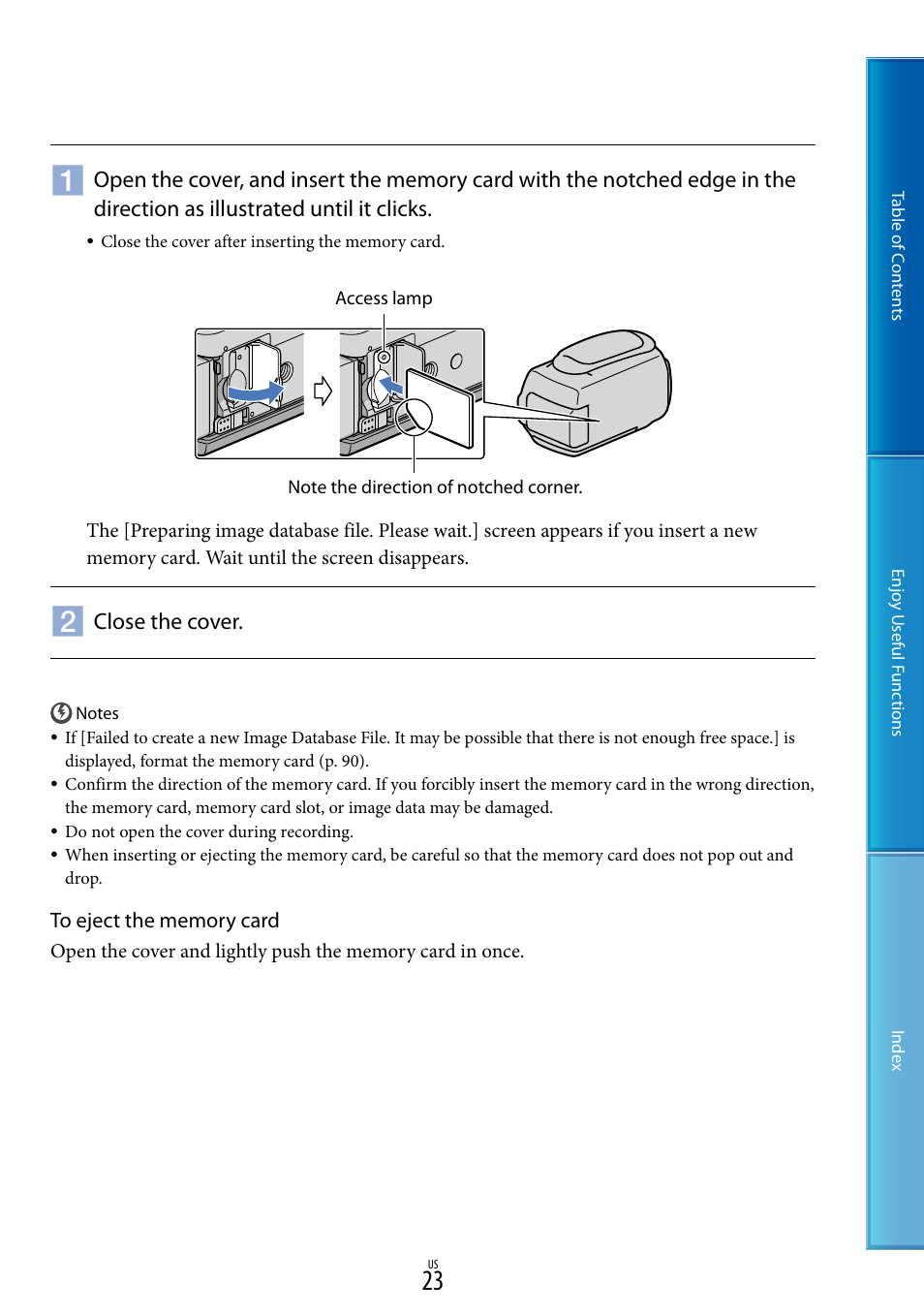 23) i, 23) a, Close the cover | Sony HDR-XR160 User Manual | Page 23 / 129