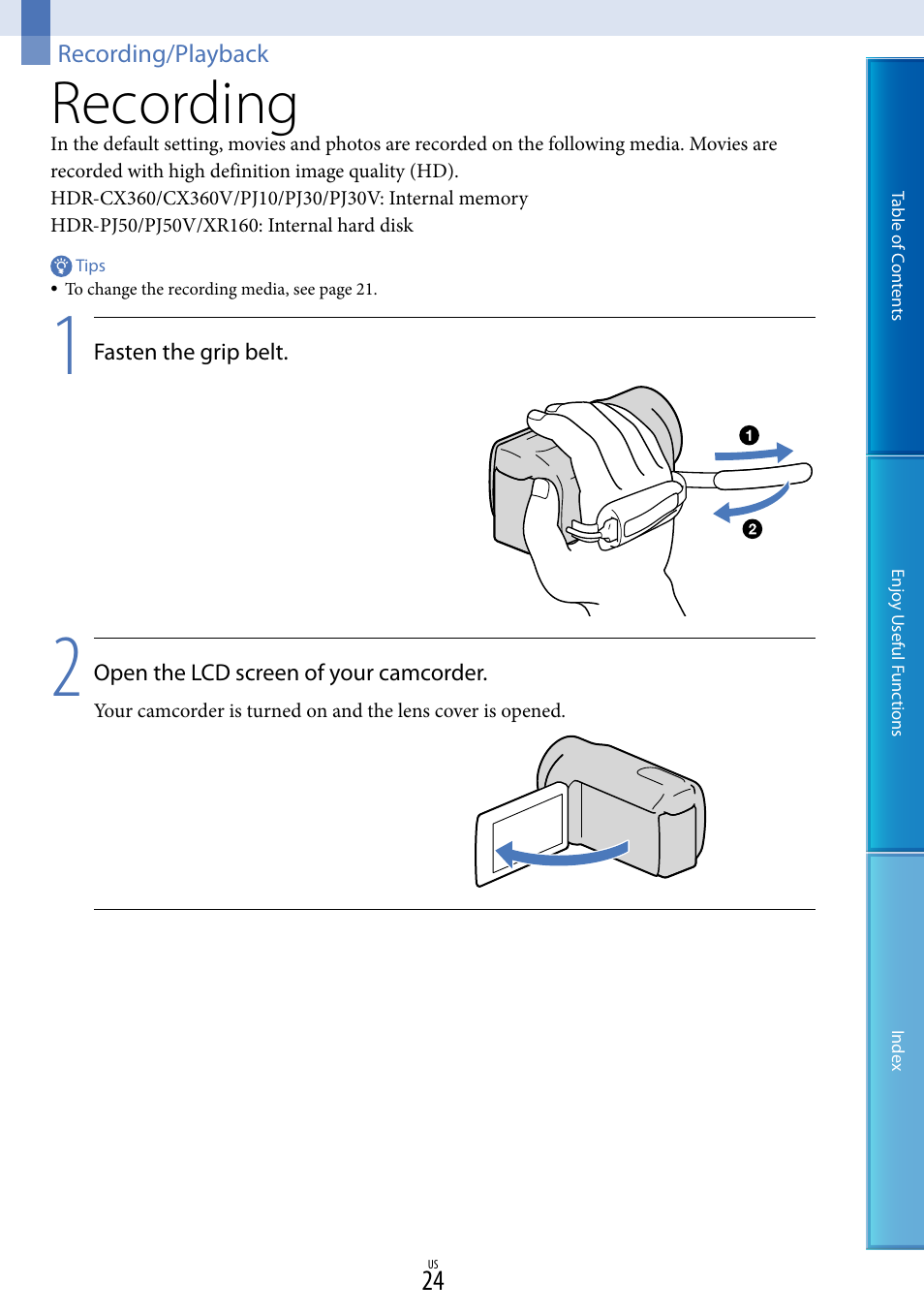 Recording/playback, Recording | Sony HDR-XR160 User Manual | Page 24 / 129