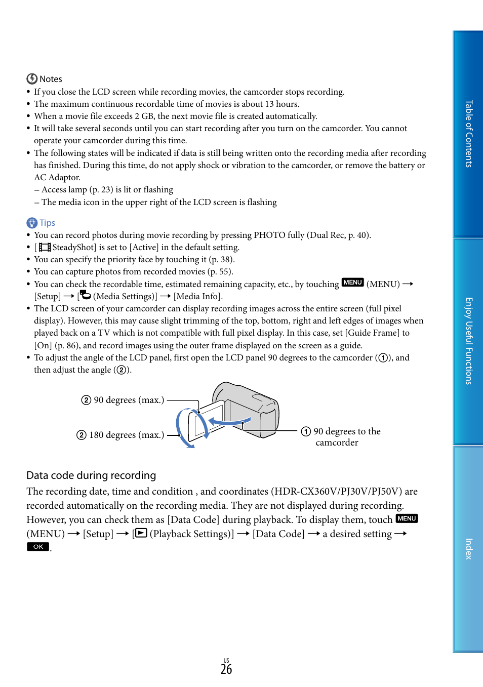 Data code during recording | Sony HDR-XR160 User Manual | Page 26 / 129