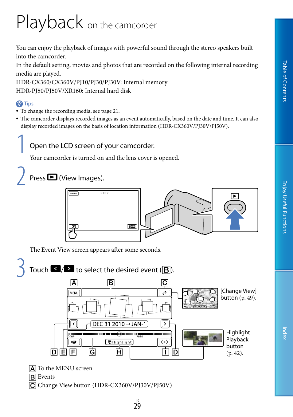 Playback on the camcorder, Playback, On.the.camcorder | Sony HDR-XR160 User Manual | Page 29 / 129