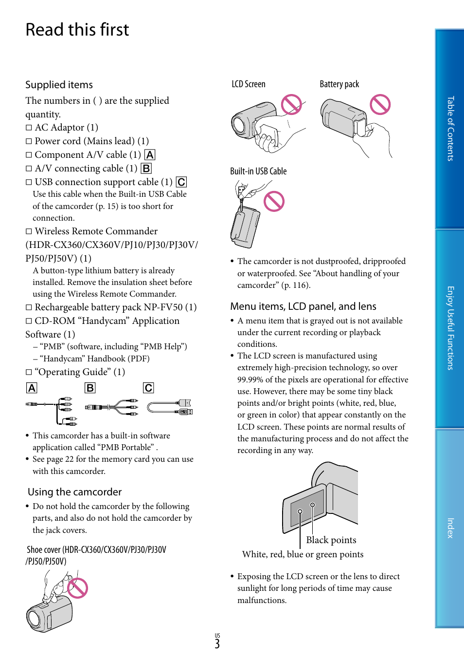 Read this first, Supplied items, Using the camcorder | Menu items, lcd panel, and lens | Sony HDR-XR160 User Manual | Page 3 / 129