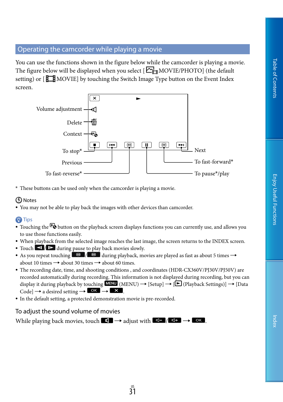 Operating the camcorder while playing a movie | Sony HDR-XR160 User Manual | Page 31 / 129