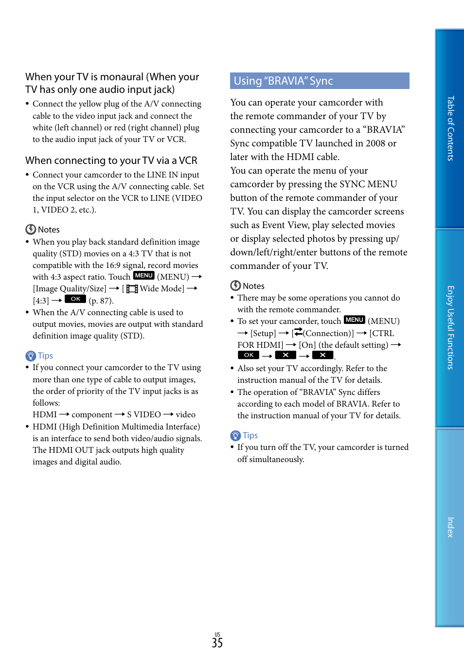 Using “bravia” sync, When connecting to your tv via a vcr | Sony HDR-XR160 User Manual | Page 35 / 129
