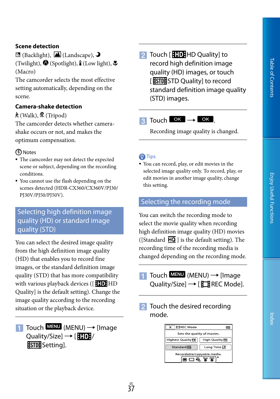 Selecting the recording mode, G (37), De (37) | Selecting high definition image quality (hd) | Sony HDR-XR160 User Manual | Page 37 / 129