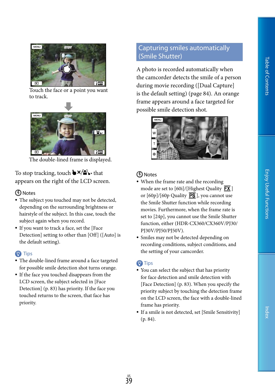 Capturing smiles automatically (smile shutter), Er (39) | Sony HDR-XR160 User Manual | Page 39 / 129