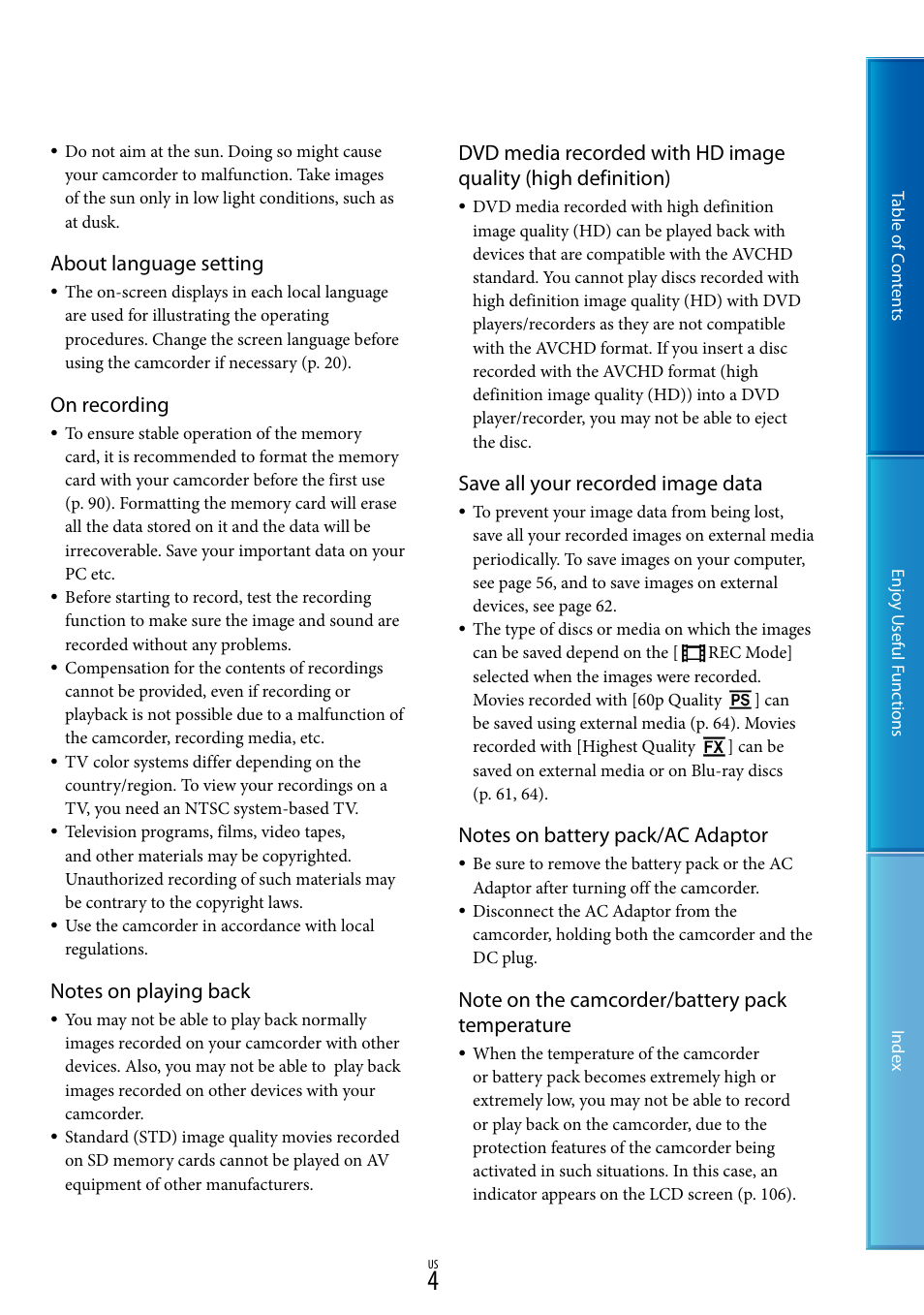 About language setting, On recording, Save all your recorded image data | Sony HDR-XR160 User Manual | Page 4 / 129